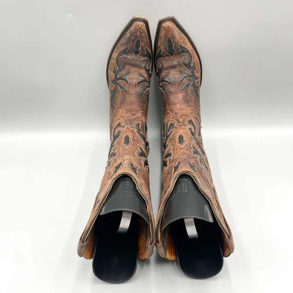 Johnny Ringo Womens 7 Brown Leather Black Lizard Inlay Western Cowboy Boots Boho